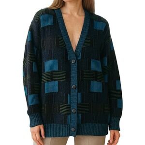 Vintage Sostanza Geometric Oversized Cardigan Sweater Blue Black Large‎